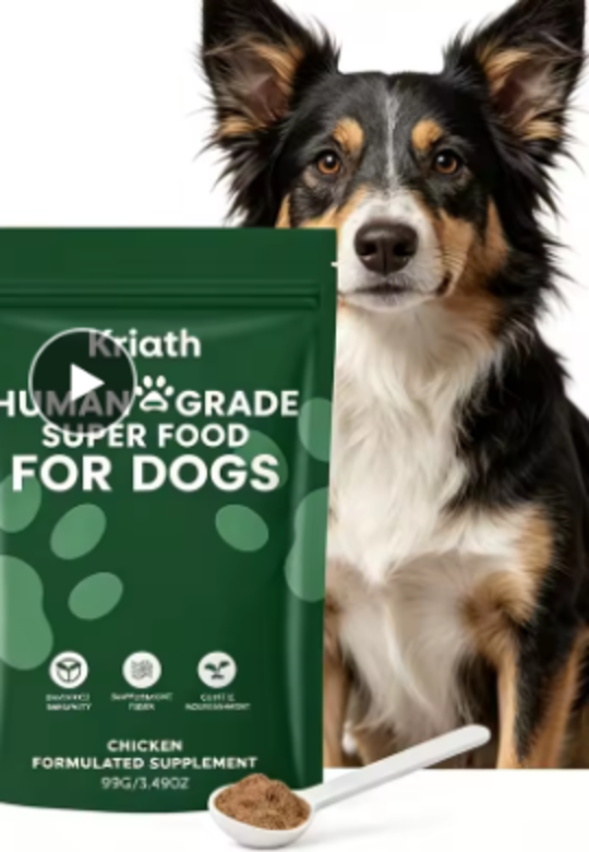 Screenshot crop of the chicken-formula dog nutrition powder pouch, measuring scoop, and dog
